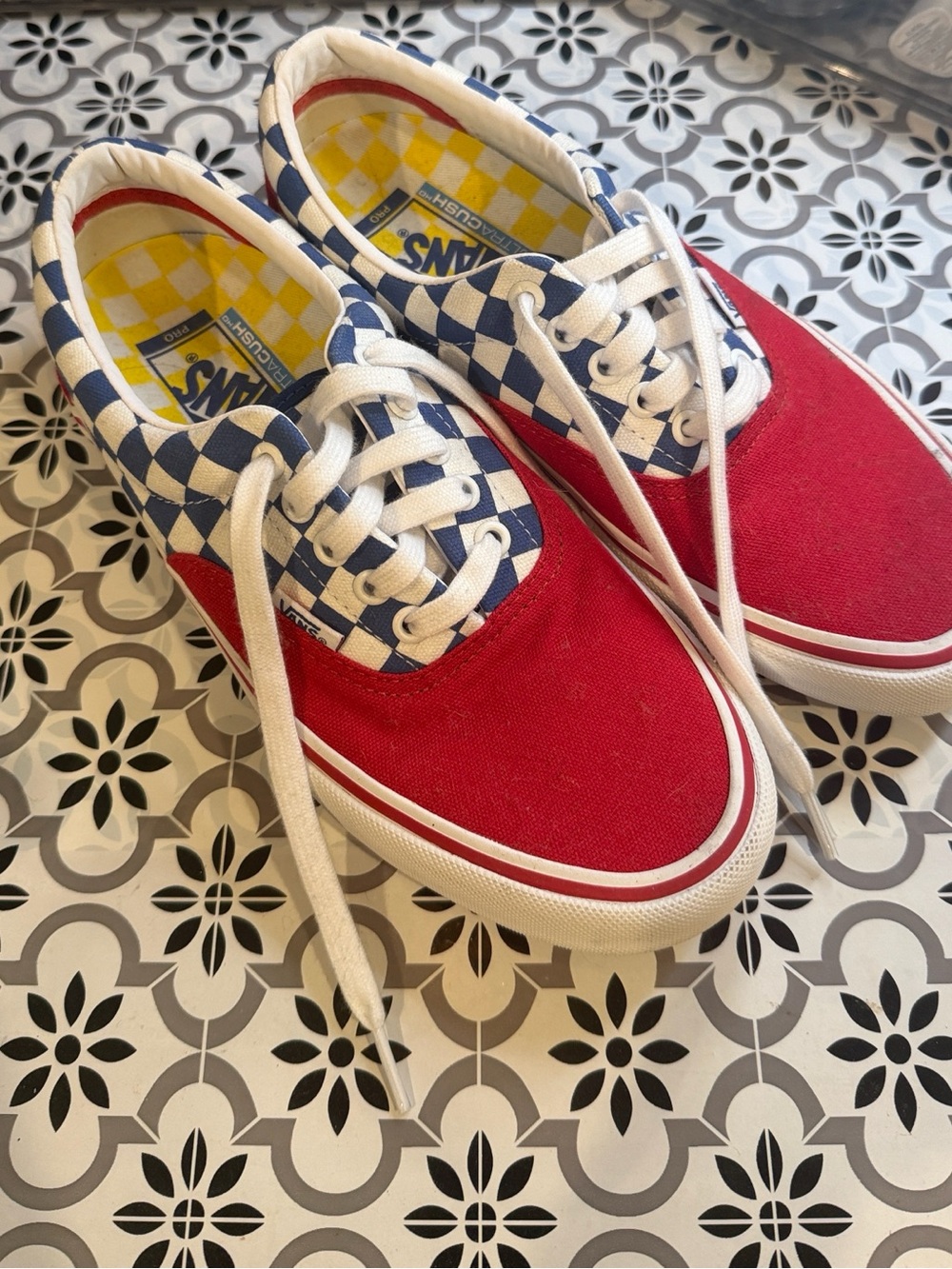 Vans Red Canvas Sneakers with Blue & White Checkerboard